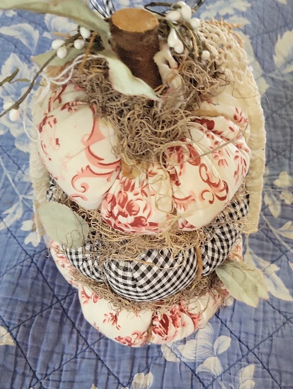 Handmade Rustic Fabric Stacked Pumpkin Fall Decor Gingham Floral Lace